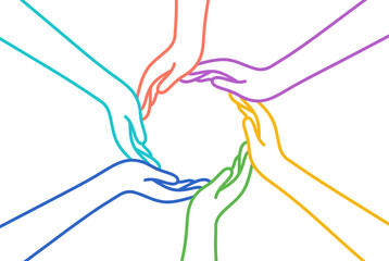 Colorful circle of hands showing unity diversity teamwork community support