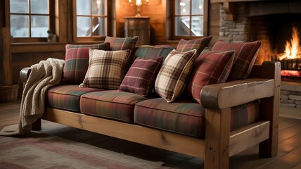 Rustic wooden sofa with plaid pillows in a cozy winter home photo.