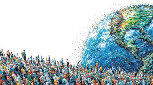A vibrant, stylized Earth emerges from a multitude of diverse individuals, creating a powerful visual representation of global connectivity and unity