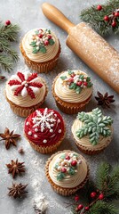 Traditional decorated Christmas cupcakes holiday baking Festive cupcakes decorated with icing and holiday-themed designs, surrounded by pine branches and a rolling pin.