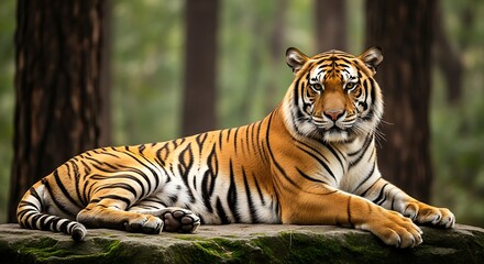 A majestic Bengal tiger is captured resting gracefully atop a moss-covered rock in the middle of a serene forest