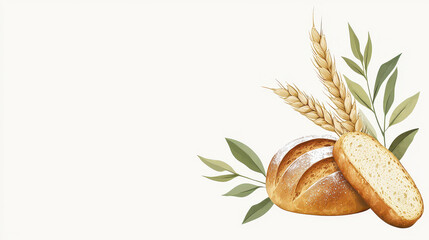 Freshly baked bread with wheat and leaves, perfect for bakery logo or branding. warm colors evoke sense of comfort and quality
