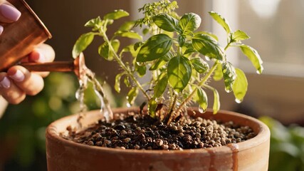 Close up of a person carefully watering a small fresh basil plant growing in a terracotta pot with a miniature copper watering can indoors