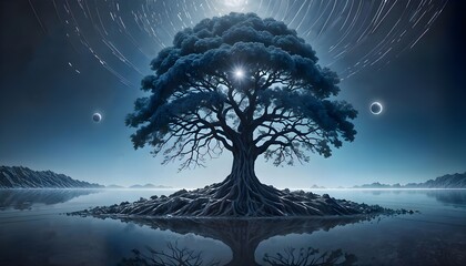 Cosmic tree of life reflected in serene waters