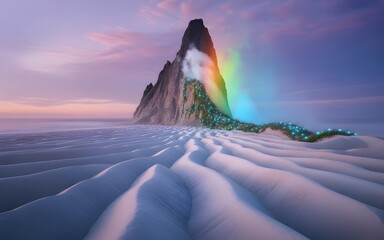 Mystical mountain peak with glowing rainbow and rippled sand dunes at sunset