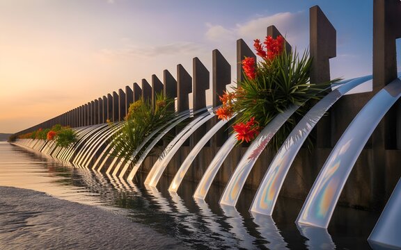 Modern water feature with red flowers at sunset, water flowing into a tranquil pond - Powered by Adobe