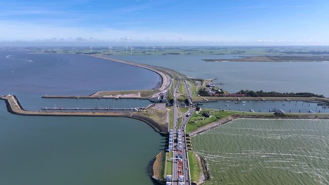 Aerial video from the Lorenz sluices at Kornwerderzand in Netherlands