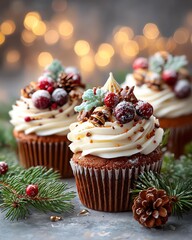 Traditional decorated Christmas cupcakes holiday baking Delicious festive cupcakes adorned with berries and pinecones, surrounded by greenery and soft bokeh lights.