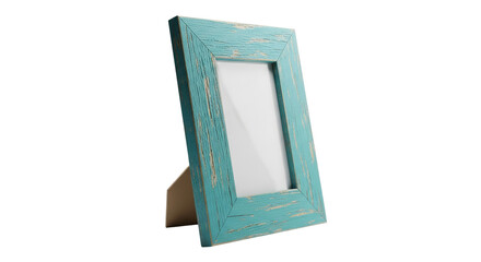Distressed teal picture frame mockup with blank white insert standing on a table for rustic home decor or beach themed photography display