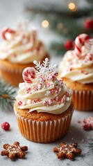 Traditional decorated Christmas cupcakes holiday baking Festive cupcakes topped with cream, candy canes, and snowflakes, perfect for holiday celebrations.