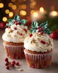 Traditional decorated Christmas cupcakes holiday baking Festively decorated cupcakes with holly and berries, set against a warm, shimmering background.