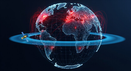 A global 3D wireframe map of Earth, rendered in deep indigo and black. Pinpoints of aggressive, spiky red light pulse violently in major cities, connected by fast-moving red data lines. 