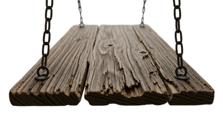 Rustic wooden plank hanging from dark metal chains for vintage design element or weathered texture overlay