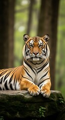 Obraz premium A majestic Bengal tiger is captured resting gracefully atop a moss-covered rock in the middle of a serene forest