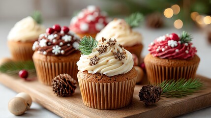 Traditional decorated Christmas cupcakes holiday baking Deliciously decorated cupcakes on a wooden board, perfect for festive occasions.