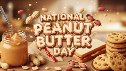 National Peanut Butter Day banner with peanut butter jar, sandwich, cookies and peanuts on wooden table for food holiday celebration or social media post design