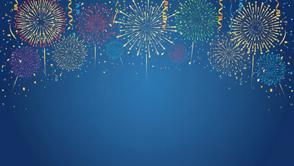 Fireworks colorful explosions on blue festive background with copy space