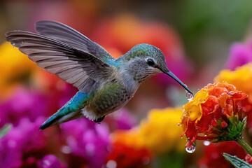 Naklejka premium Hummingbird feeding on vibrant flower in lush garden during bright daytime