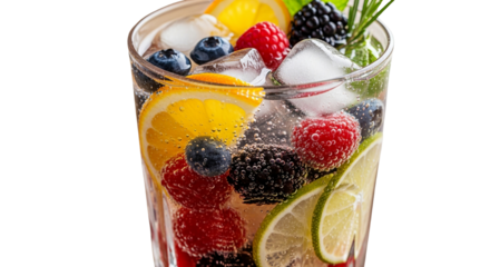 Refreshing berry cocktail with ice orange lime mint and rosemary garnish in a glass of sparkling water or soda