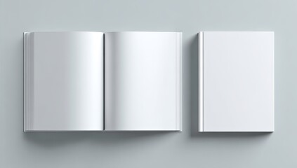 Two books, one open showing blank pages, one closed, isolated on gray background