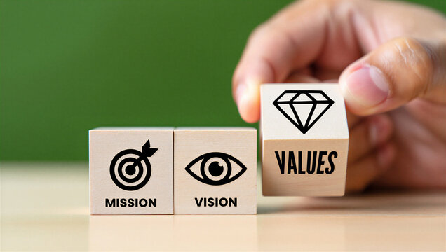 Business Strategy Pillars: Hand Places Values Block with Mission & Vision. Corporate Goals, Purpose, Ethics, Principles.