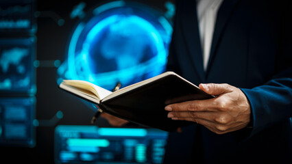Business professional woman hands reviews notes in notebook while standing advanced digital global dashboards, data analysis, strategic planning, technology insights, futuristic digital environment.