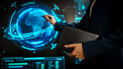 Business professional woman hands reviews notes in notebook while standing advanced digital global dashboards, data analysis, strategic planning, technology insights, futuristic digital environment.