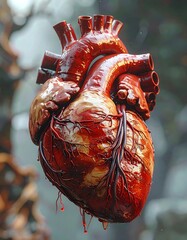 Detailed, bloody human heart, intricately rendered, floats against a blurred, organic background, illuminated with soft light
