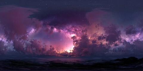 Fototapeta premium Dramatic panoramic ocean view with pink and purple clouds at sunset/twilight