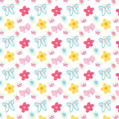 Seamless vector pattern with cute crayon-style drawings, ideal for kids&rsquo; products, learning materials, fabrics, wallpapers, and playful creative designs.