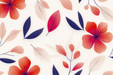 Fototapeta premium Vibrant floral pattern featuring red and navy leaves and flowers on soft background, creating cheerful and lively atmosphere