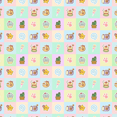 Seamless vector pattern of checkered boxes filled with cute illustrations, perfect for kids’ products, packaging, stationery, wallpapers, and playful design backgrounds.