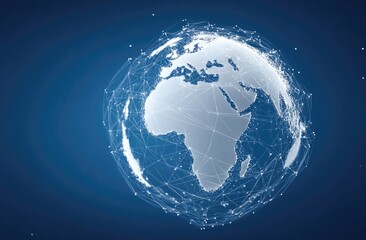 Globe with white continents, mesh overlay, on a deep blue backdrop