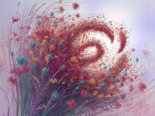 AI-generated image of A digitally created swirl of vibrant flowers and foliage in red, pink, yellow, and teal. The spiral composition and pastel background evoke motion and dreamlike beauty.