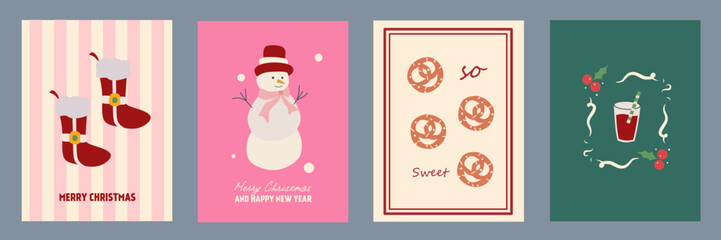 Merry Christmas card designs set. Modern winter template cute hand drawn vector with snowman, cookie, drink elements. Vintage italian whimsical style. La dolce Vita.	
