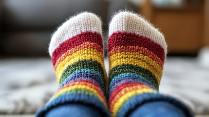Cozy rainbow socks with vibrant stripes create cheerful atmosphere, perfect for relaxation and comfort