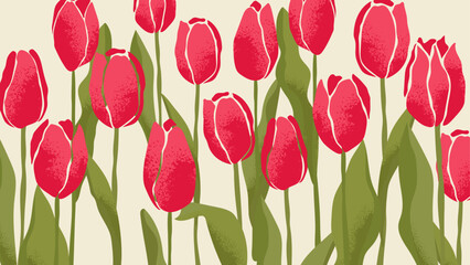 Colorful Horizontal Background With Red Tulips. Abstract drawing of spring flowers with texture effects. Vector Design for postcards, covers, greetings