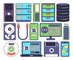 Flat design icons of data storage elements including servers, drives, cables, disks, and digital devices, perfect for tech, cloud, backup, and computing themed design projects.