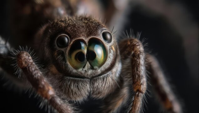 Close-up of a jumping spider's expressive face, showing large eyes & intricate details