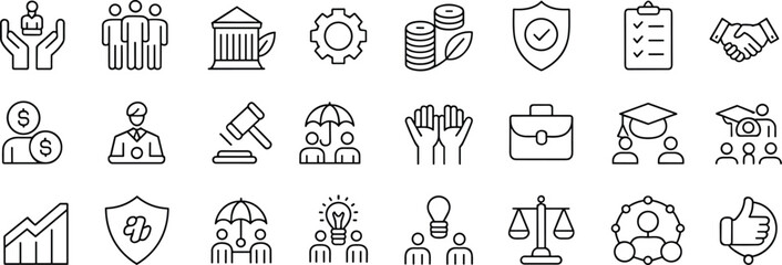 Business, finance, banking, insurance, legal, growth, teamwork, protection, money management, education, collaboration, investment, leadership, success, corporate icons for modern