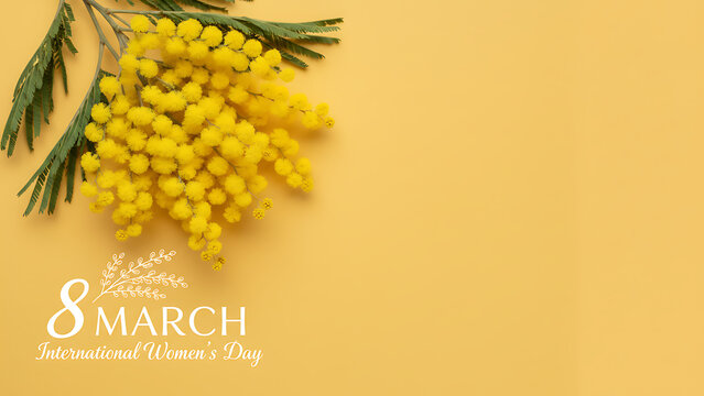 Mimosa fresh flowers on yellow background copy space 8 march day background mimose is traditional flowers for international womans day 8 of march copy space