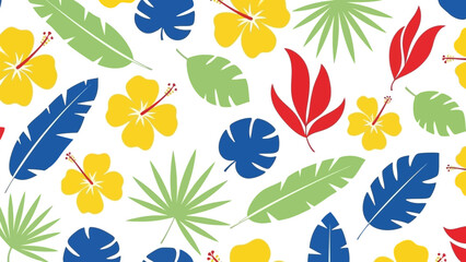 Fototapeta premium Vibrant tropical floral and leaf pattern seamless background with bright colors for summer design