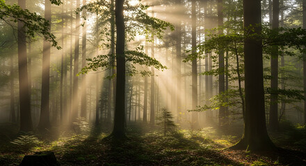 Obraz premium Golden sun rays pierce through a misty forest with tall trees and lush green undergrowth