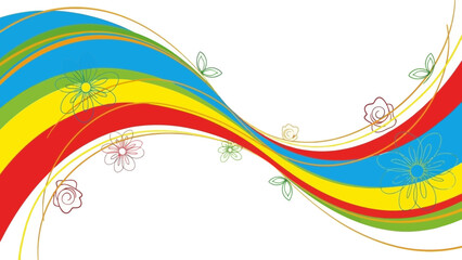 Vibrant abstract rainbow wave design with delicate floral outlines creates a cheerful background banner