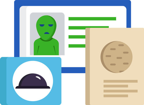 Detailed alien identification card with biometric scan, portrait, and data displayed on digital devices.