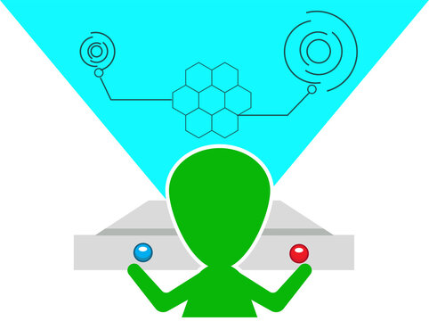Green alien figure contemplates complex holographic projection displaying interconnected network, futuristic concept.