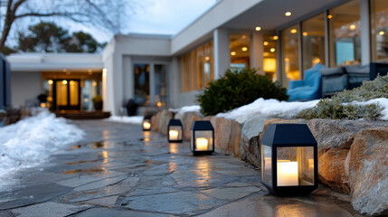 This tranquil outdoor scene showcases a snowy pathway lined with stylish lanterns, inviting viewers into a cozy atmosphere ideal for relaxation during winter.
