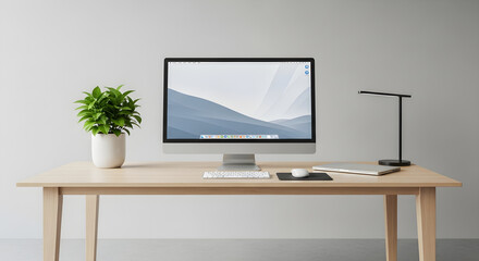 Modern minimalist home office desk with computer plant and lamp