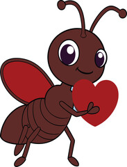 Cute brown ant character holding a red heart insect love vector illustration EPS file download.

