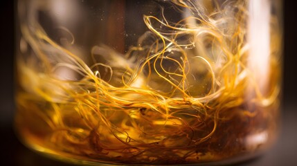 A macro shot showcasing strands and sediment swirling in bokashi liquid, illuminated to highlight texture and depth in a transparent container.